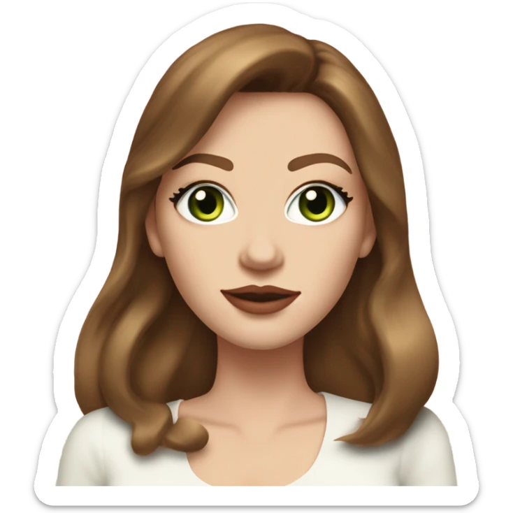 woman, with chestnut brown hair, her hair are a 90s voluminous blowout with curtain bangs, she has very green eyes and a white pale skin, she has pink lipstick on and long lashes, she wears a white to and  gold earrings  sticker