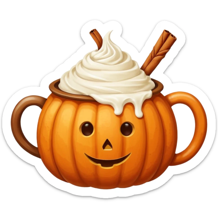 Round pumpkin-shaped mug with whipped cream swirl and one cinnamon stick, warm orange and cream tones. sticker