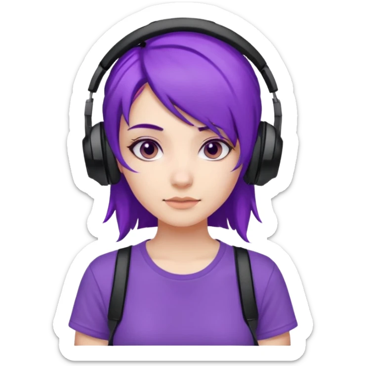 Gamer Girl with black Headset + Purple Hair, white T-shirt sticker