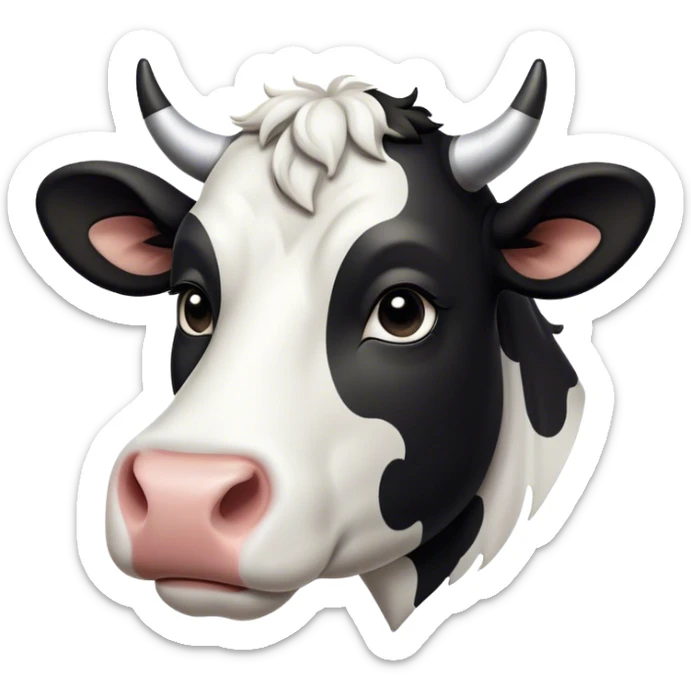 Cinematic Noble Black and White Cow Portrait Emoji, Poised and regal, with a large, sturdy build and a striking, well-groomed coat of pure black accented by crisp white patches, deep-set soulful brown eyes, Simplified yet sharp and sophisticated features, highly detailed, glowing with a soft, dignified glow, high shine, intelligent and calm, stylized with an air of modern elegance, focused and attentive, soft glowing outline, capturing the essence of a watchful and confident bovine guardian, so majestic it feels as though it could stride out of the screen with effortless authority! sticker