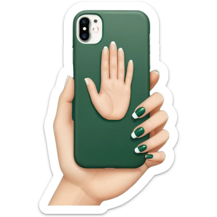 female hand with nude manicure (5 fingers) holding a white iPhone in a dark green case, minimalism, side view, emoji style sticker