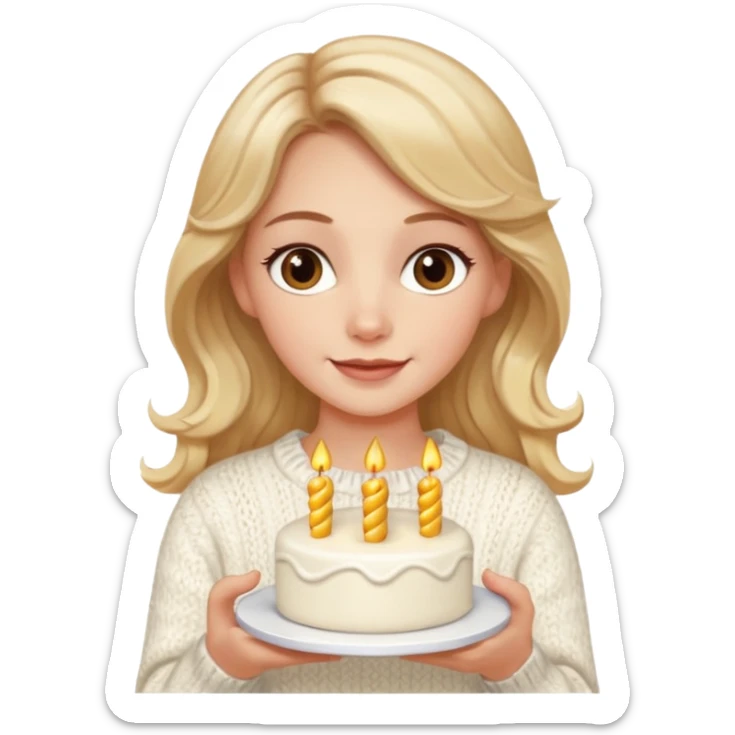 A pretty white girl with hazel brown eyes and long  down and blonde wavy hair in a cosy white knit sweater, she is celebrating her birthday and is happy sticker
