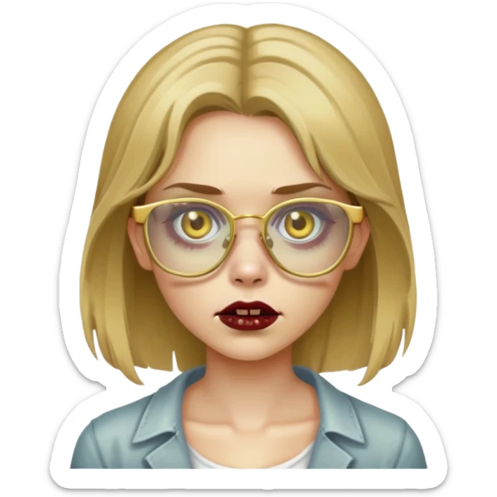 Zombie girl with dark blonde hair, blonde glasses and gold-colored square glasses
 sticker
