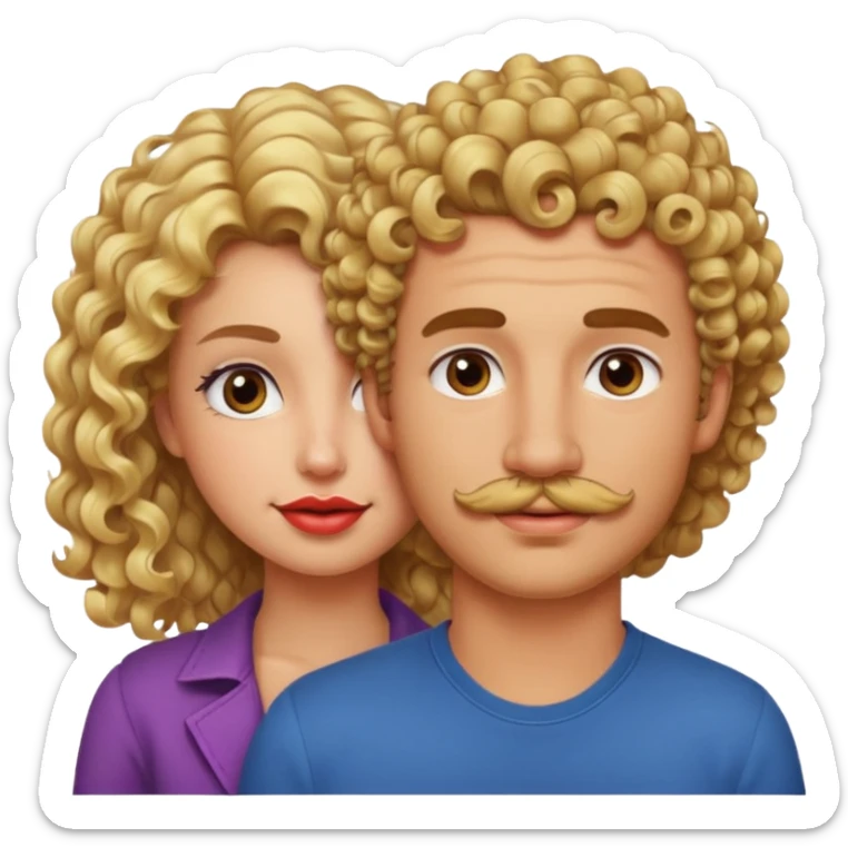 sarı saçlı kıvırcık kahverengi gözlü güzel dudaklı kızla kıvıcık saçlı çenesinde sakal ve bıyık olan kısık gözlü erkek aşk emojisiyap sticker