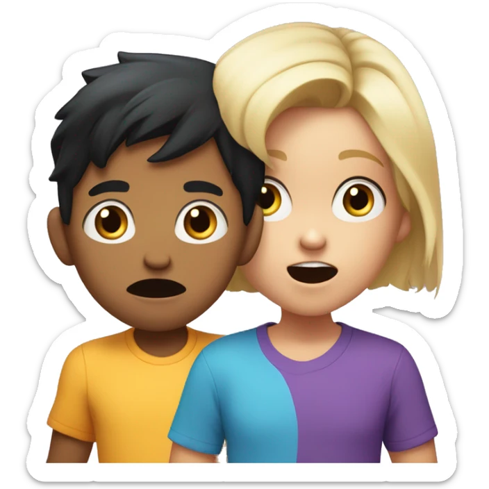one cartoon characters, a young boy with black hair wearing a blue shirt and a young girl with blonde hair wearing a purple shirt, both covering their mouths with their hands in a surprised expression sticker
