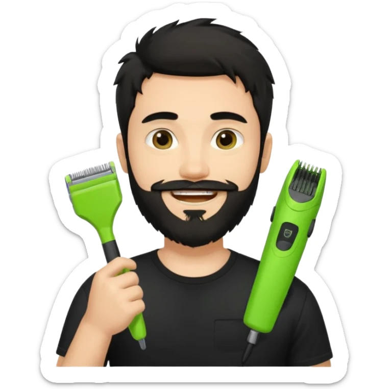 young fair-skinned man with messy black hair and beard, smiling, black t-shirt, holding one small true-to-size lime green face beard trimmer in one hand, iOS emoji style sticker