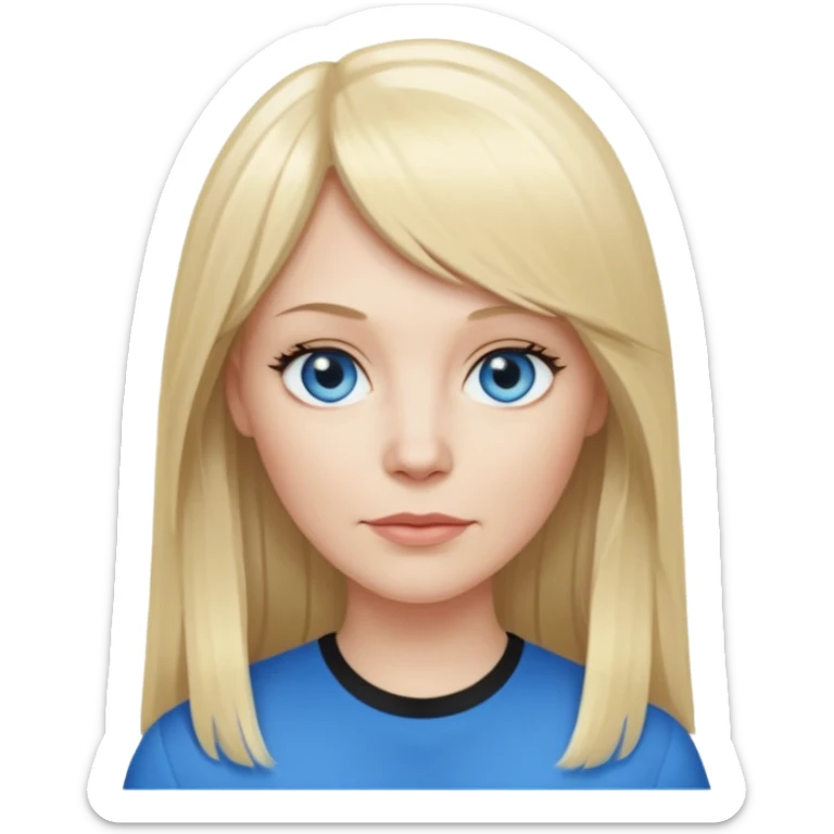 40 yr old white woman, pale skin, long straight blond hair parted in center, blue eyes, bangs sticker