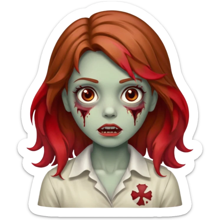 menina zumbi com cabelo ondulado, castanho meio claro meio ruivo, uma mecha vermelha e olhos castanhos  sticker