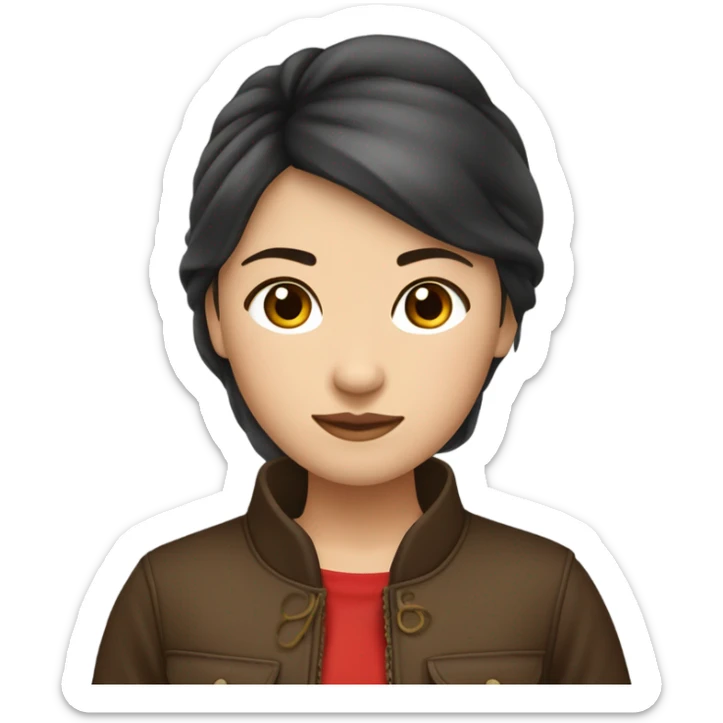 una chica china pelo marrón muy oscuro con una chaqueta roja, la china tiene una nariz pequeña y un labio con labio leporino  sticker