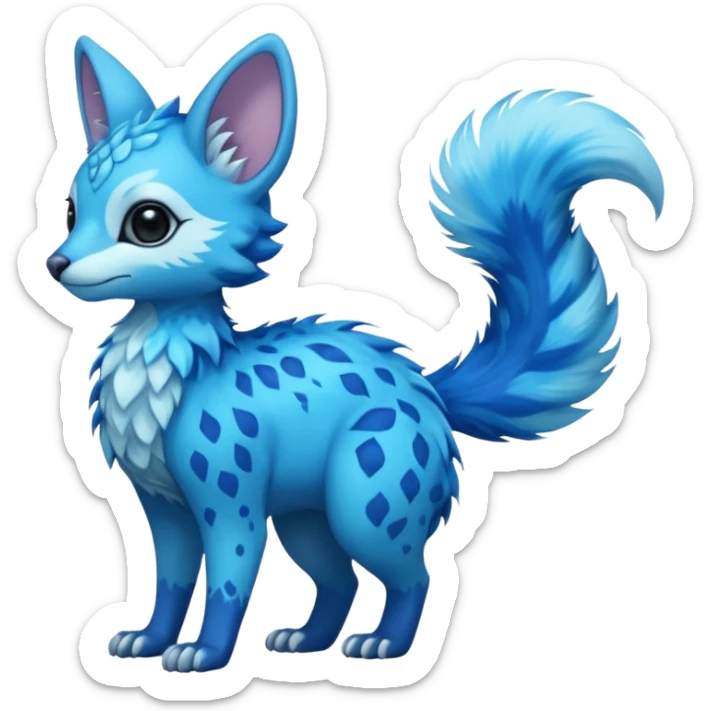 Feral Rare Fantasy shiny soft fuzzy furry vibrant tropical cobalt-blue and cyan Vernid-Trico-species-creature by LiLaiRa, random markings, tufted tail, tufted ears, full body sticker
