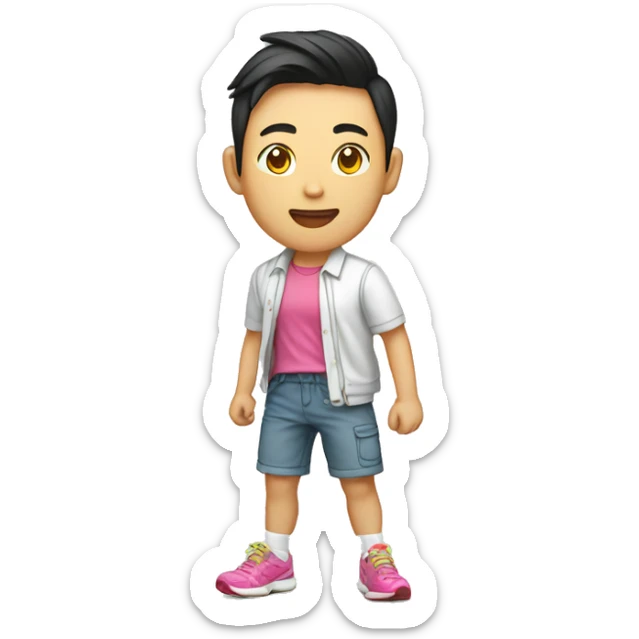 teen asian with short pants, white shirt print with sarcasm, colorful running shoe sticker