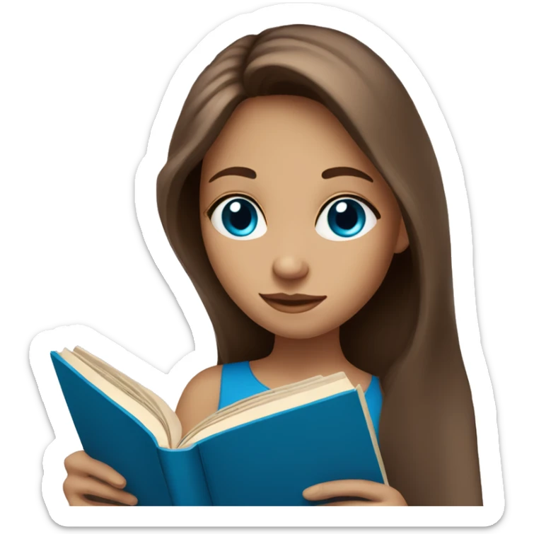 A girl with blue eyes, long brown hair and fair skin reading book sticker