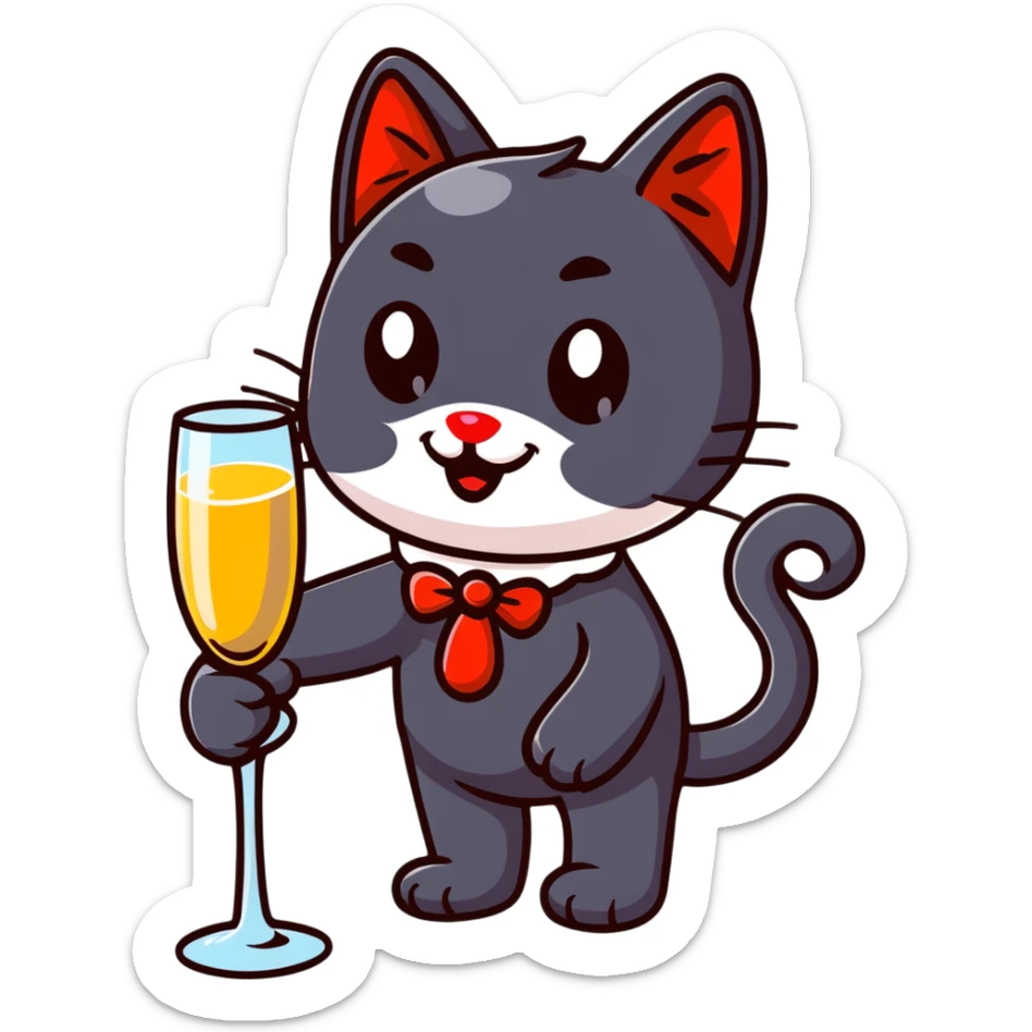 black cat with a red clown nose and a glass of champagne in its paw, playful and festive sticker