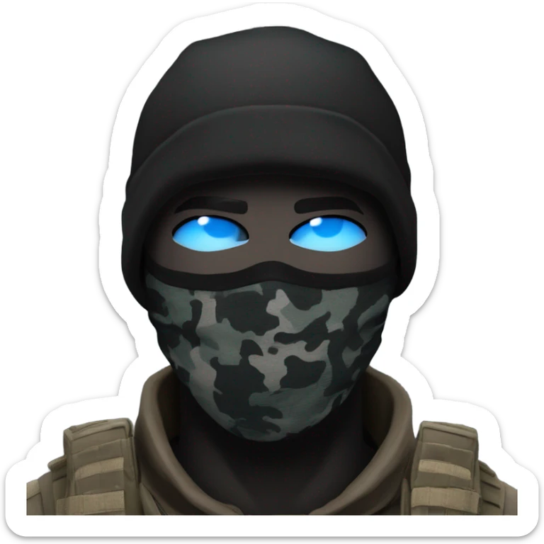 male, pale skin, call of duty black face mask, camo tactical gear, combat boots, black beanie, blue eyes sticker