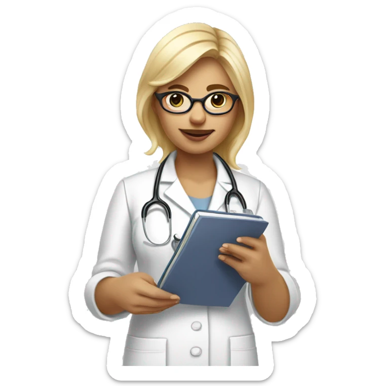 Administrator of the reproductive health office, a girl with blonde hair, wearing glasses with notebooks and a phone in her hands. In a white medical gown sticker