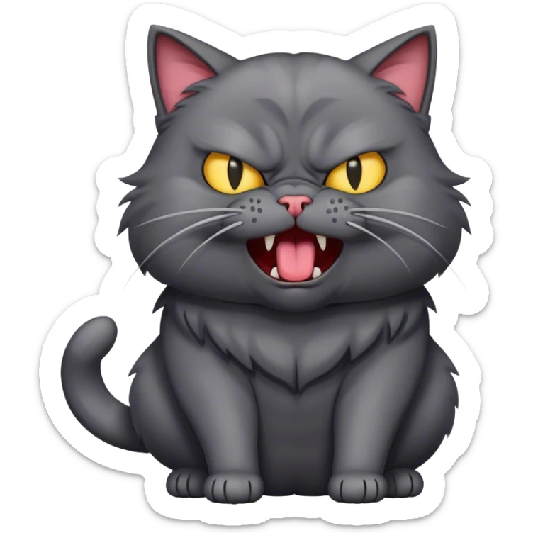 Angry dark gray cat with no teeth and tongue sticking out and full body sticker