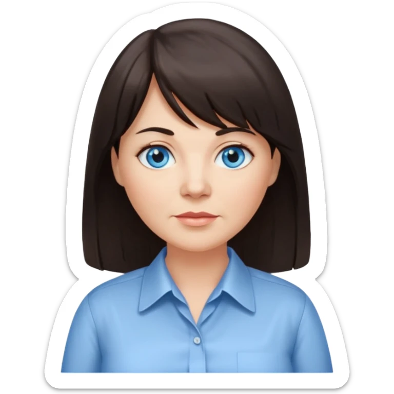 50 yr old woman, blue eyes, long straight dark brown hair, business shirt, chubby, bangs sticker