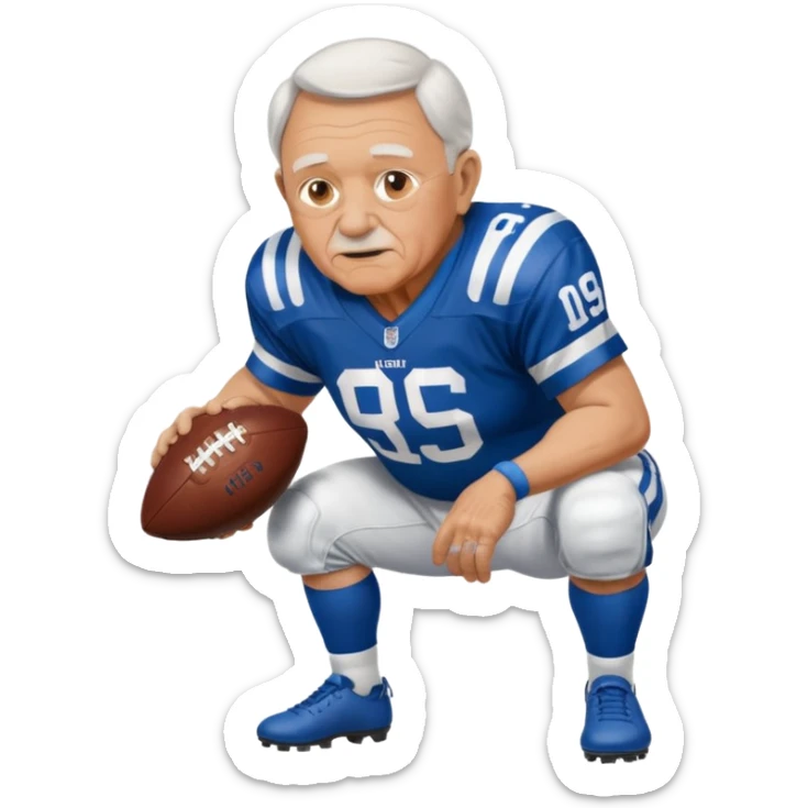 A grandpa playing football wearing an Indianapolis Colts jersey is. Show him kind of crouch down to the ground, holding the football and show the name rivers on the back of his jersey. sticker