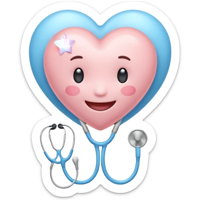 Cute pastel emoji of a smiling heart wearing a stethoscope like a hug, tiny brain inside, little sparkle star, soft glow, rounded edges, cozy and aesthetic. sticker