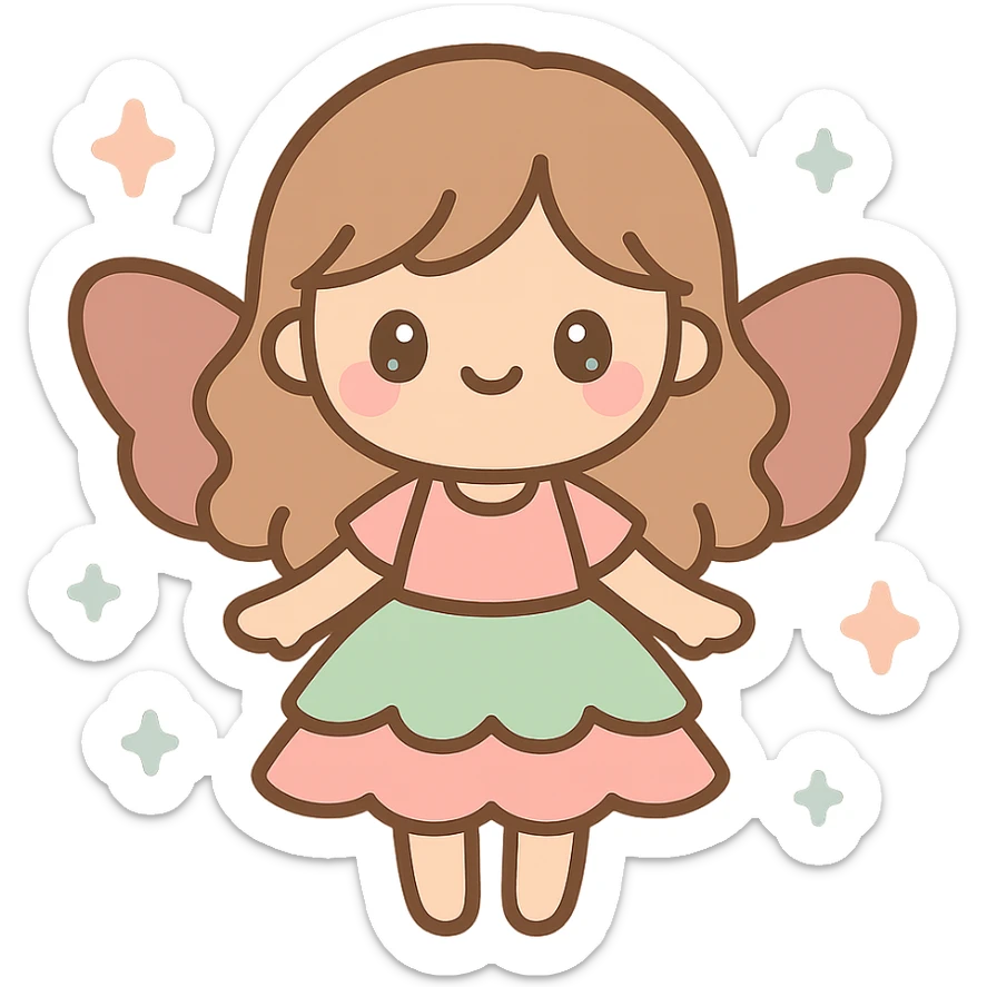 fairycore girl with layered green and pink skirt, brown and pink wings, light brown wavy hair, surrounded by sparkles sticker