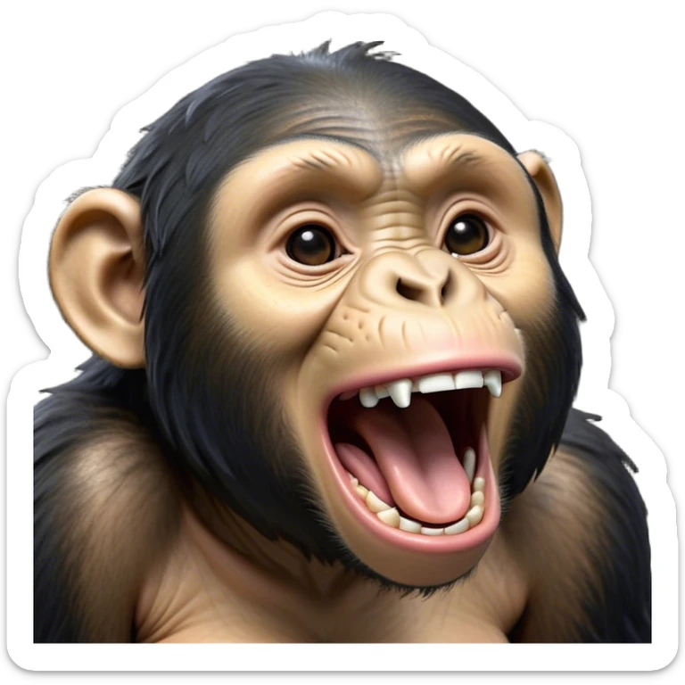 Cinematic Cute Yawning Chimpanzee Portrait Emoji, Head tilted slightly with a dramatic, wide-open yawn, showcasing a gently textured face with half-closed, drowsy eyes and an open, relaxed expression, Simplified yet irresistibly adorable features, highly detailed, glowing with a soft, cozy glow, high shine, relaxed yet expressive, stylized with a dash of whimsical primate charm, soft glowing outline, capturing the essence of a drowsy yet affectionate guardian that seems ready to stretch out for a nap! sticker