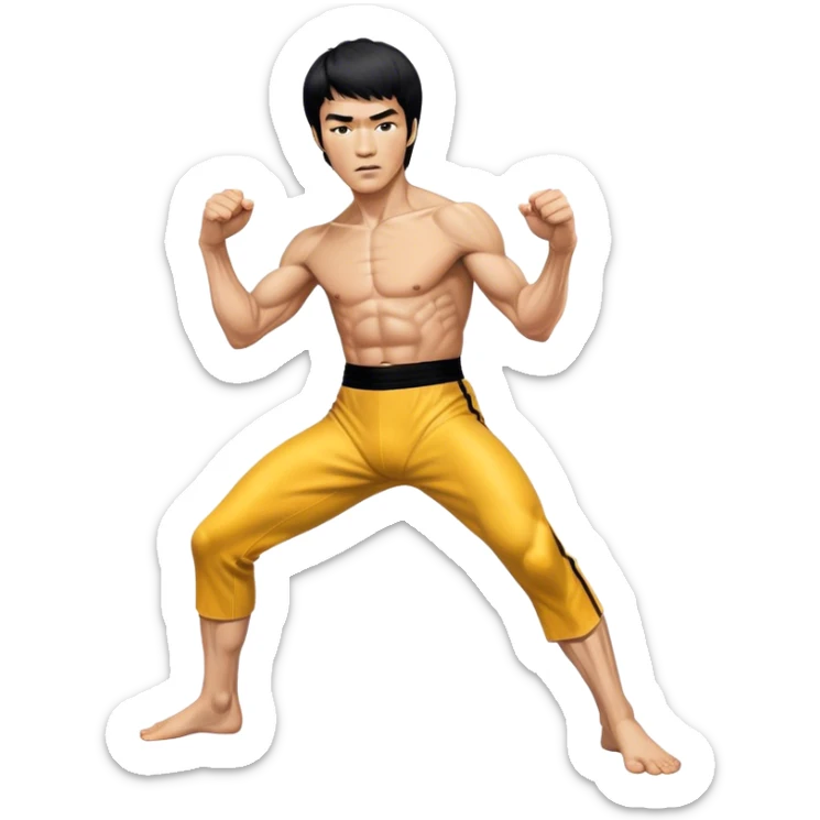 Cinematic Realistic portrait of Bruce Lee, shown as a legendary martial artist in a dynamic, powerful pose with modern athletic attire and finely detailed muscle definition, rendered in dramatic action lighting sticker