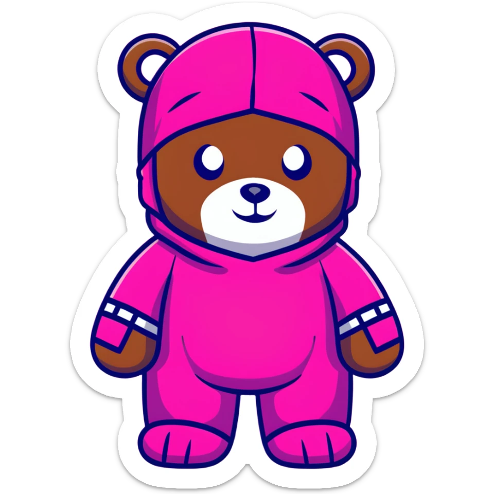 cute bearbrick collectible toy figure wearing a vibrant pink balaclava, blocky bear design sticker