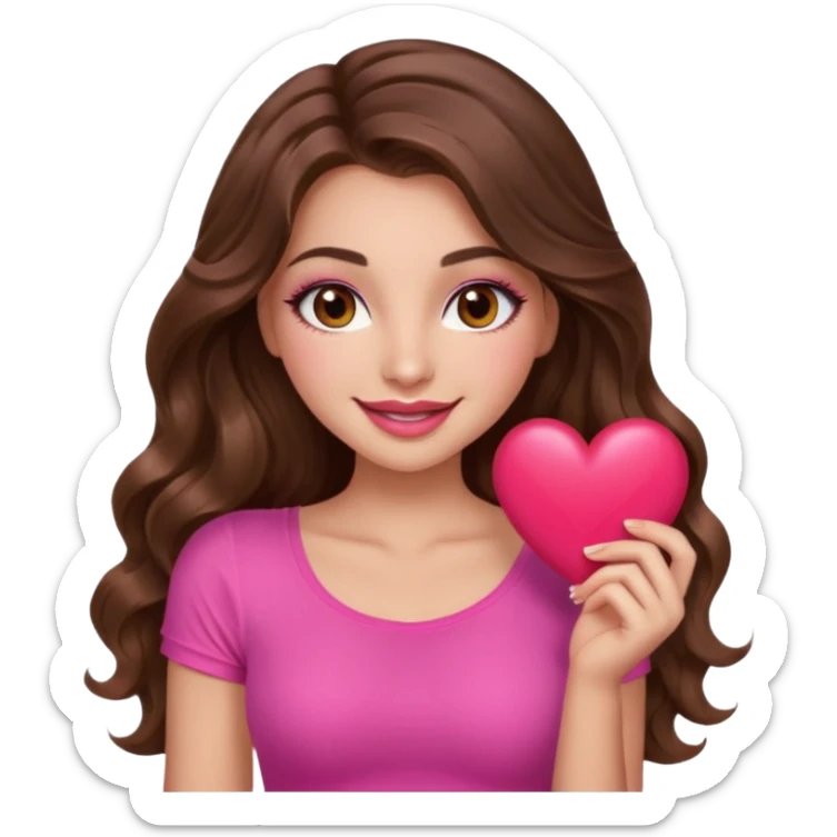 girl with long wavy brown hair, brown eyes, long lashes makeup, sexy pink lips, light to medium complexion, wearing a pink sexy top, smiling, holding a big heart sticker