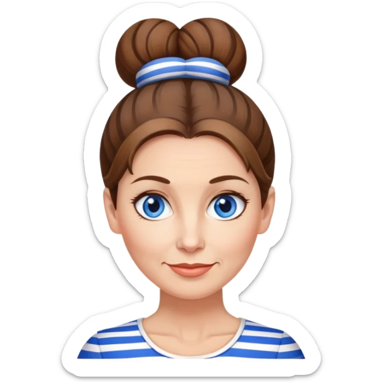 Pretty 50-year-old woman with blue and white striped miniskirt brown hair in bun blue eyes sticker