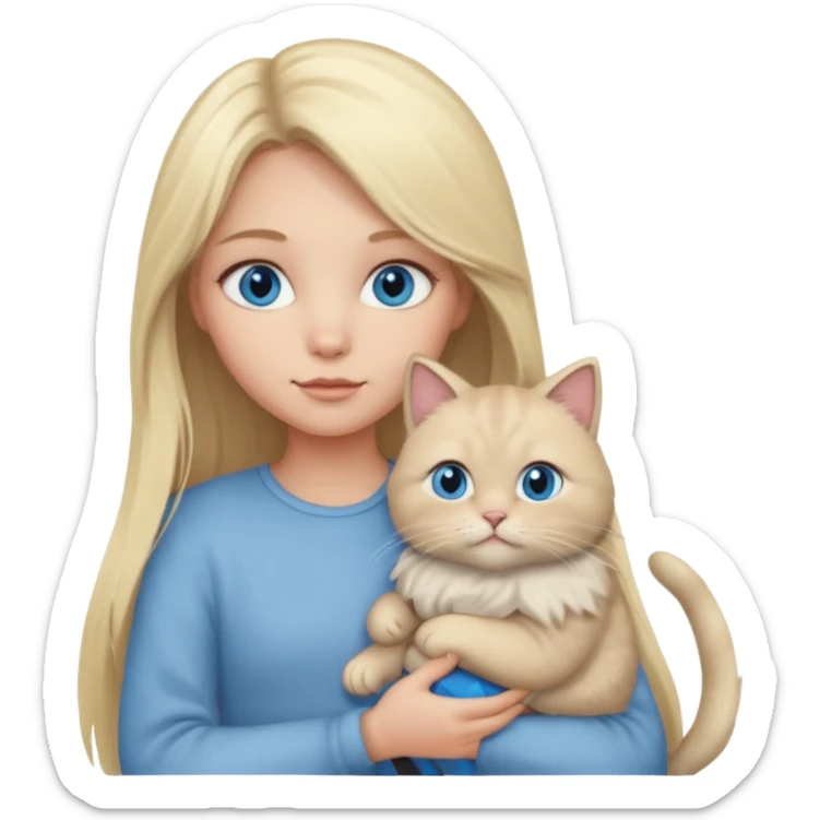 blonde girl with long blonde hair and blue eyes with chubby gray cat sticker