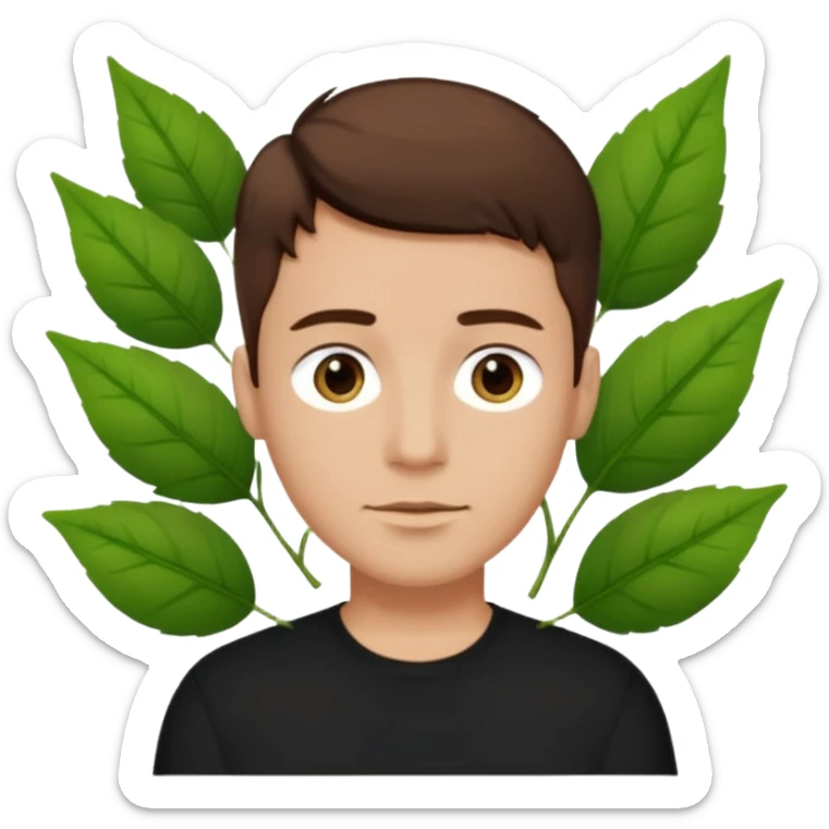 Man with very short brown hair wearing a black shirt with green leaves on sticker