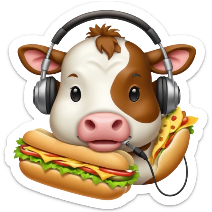 cow with headphones eating a sub sandwich, apple emoji style sticker
