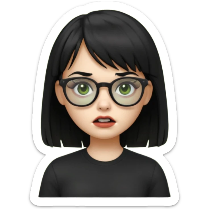 A zombie girl in Apple Memoji format with straight black hair with bangs, wearing a black shirt and black glasses sticker