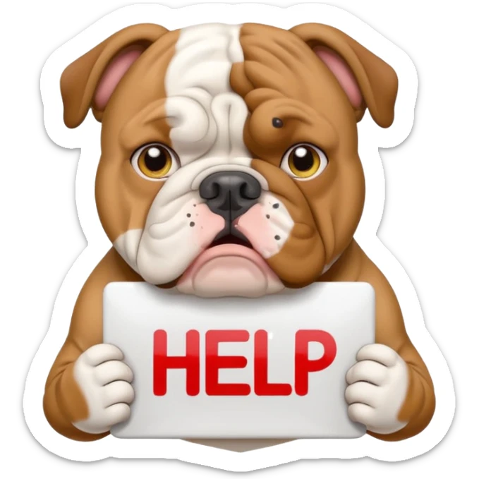 English bulldog with a worried face holding a 'need help' sign, emoji style sticker