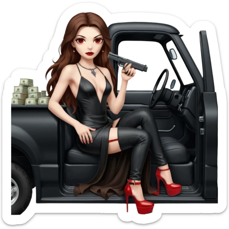 Lilith symbol red eye seductress evil long brown haired sexy succubus woman with leather long dress with slit on, sitting in Big Large F350 pickup truck. Platform long high heels on feet. Back seat full of stacks of cash, she is  Holding a human skull of her enemies in car and a gun in other hand sticker