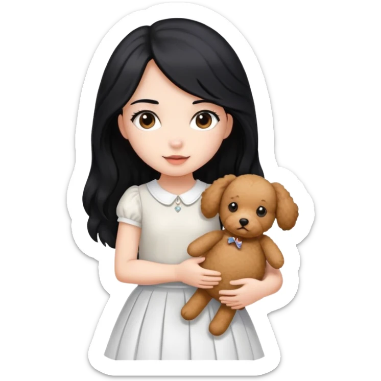 beautiful girl with long straight black hair wearing a white skirt holding a small brown curly teddy dog sticker