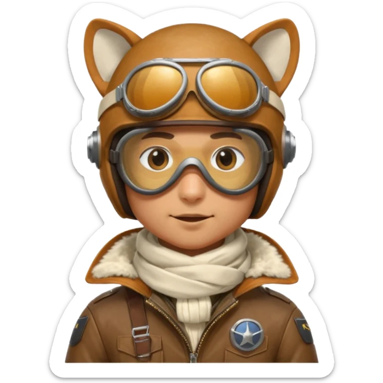 renard aviateur, casque en cuir, écharpe blanche, lunettes "climax" sur le casque au dessus des yeux, blouson aviateur sticker