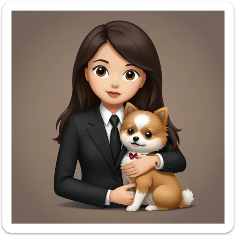 Beautiful woman long dark brown hair wearing black suit and tie hug a half Pomeranian and shitzu dog sticker