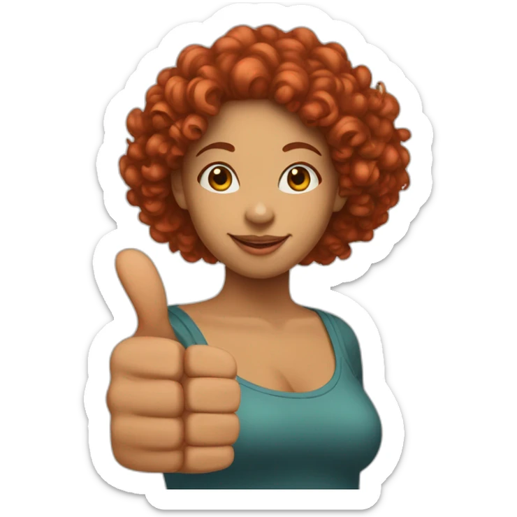 A mulatto woman with red curly hair of Asian appearance shows a big thumbs up sticker