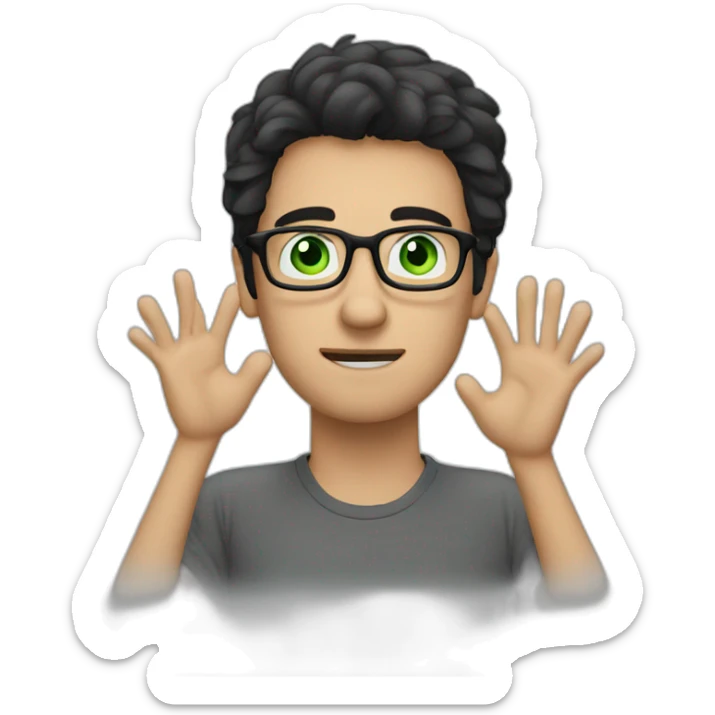 a guy with dark hair, green eyes and glasses. put his hand to his face and thought sticker