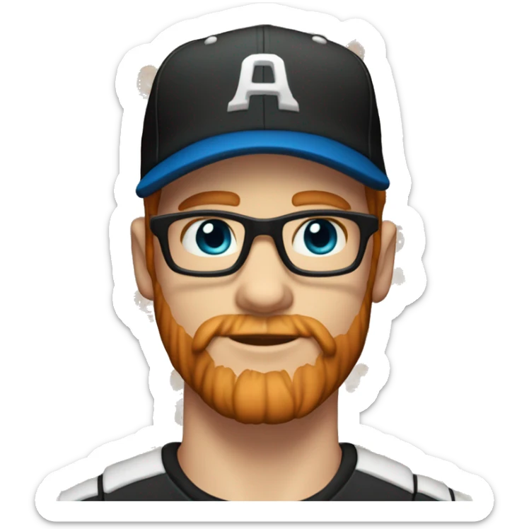 30 year old male male with red hair, glasses, black baseball hat, blue eyes, pale complexion, and a beard sticker
