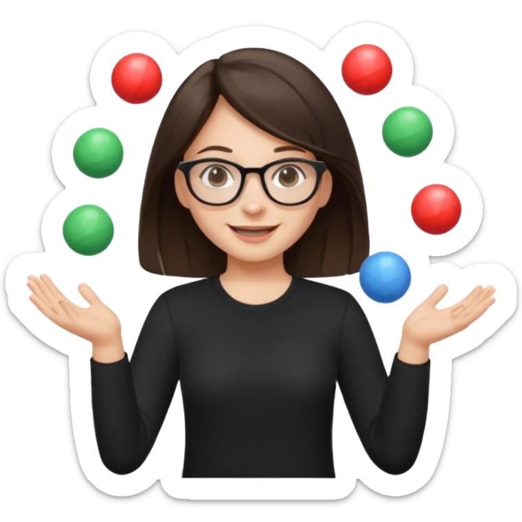 a brunette girl in a black shirt wearing glasses is  juggling  with two hands and smiling  sticker
