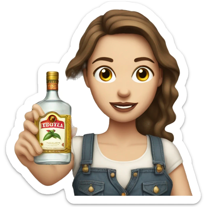 Pale woman, country girl, with brown hair and holding tequila  sticker