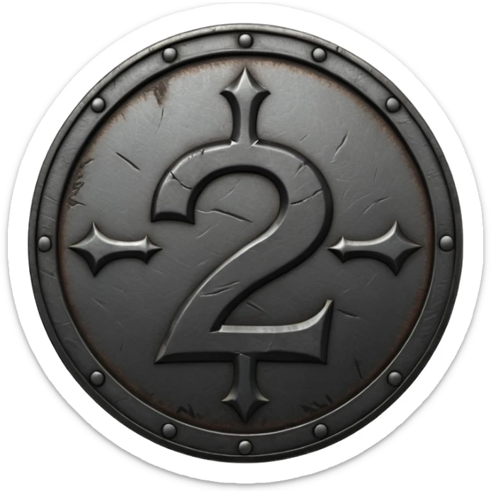 Minimal emoji, gothic metal coin made of black steel, engraved number 2 at the center, ancient industrial aesthetic, worn metal texture, no glow, no neon, flat emoji design, centered, transparent background sticker
