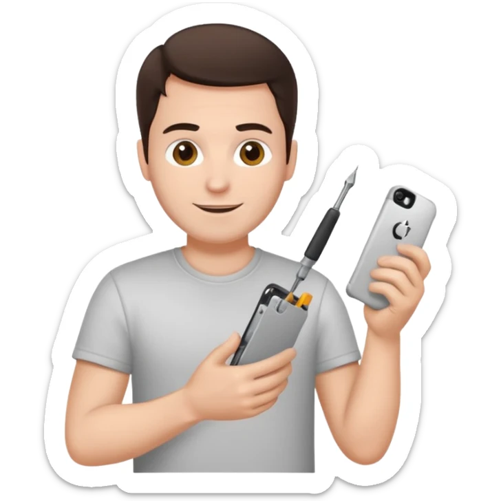 make a white guy with dark brown hair, with a simple white o grey shirt, repairing an iphone happy, tecnician with small real tools for phone sticker