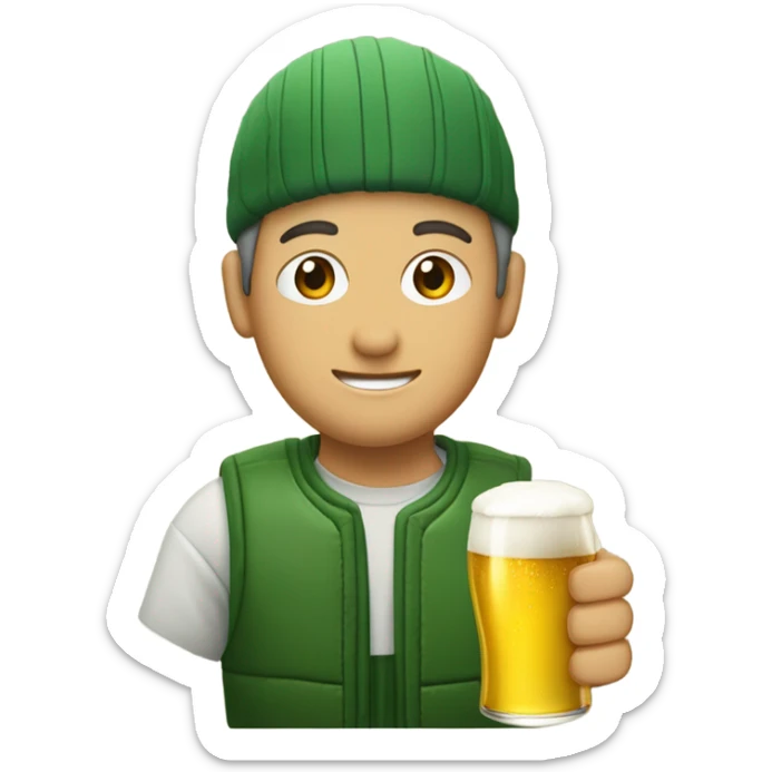 una persona con un chaleco verde y el logo de LA ONCE bebiendo una cerveza sticker