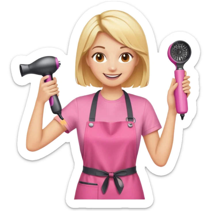 blonde female hairstylist smiling, pink t-shirt, orange apron, hands up, holding scissors and hairdryer sticker
