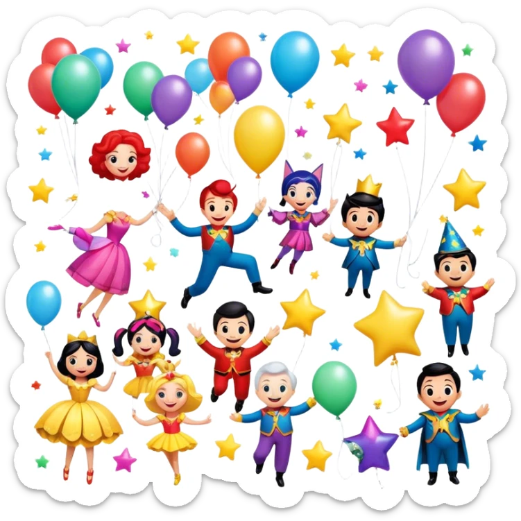 Icon for Animated Movies: A vibrant, colorful collage featuring iconic characters from popular animated films. Include cheerful, playful figures with exaggerated features, bright costumes, and whimsical elements like floating balloons, stars, and sparkles. Transparent background. sticker