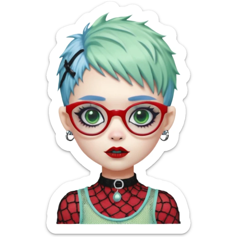 White hair, Ghoulia yelps monster high doll in scene/emo style cherry print dress with fishnet sleeves, clothes, thin, small, red, rectangle glasses, pale white-blue skin, pale-green shaggy pixie-cut , zombie scars , boy, punk choker sticker