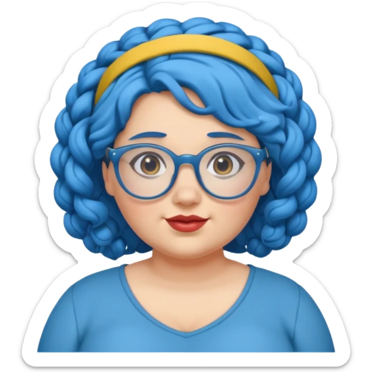 curly fat woman with blue hair and glassess and headband sticker